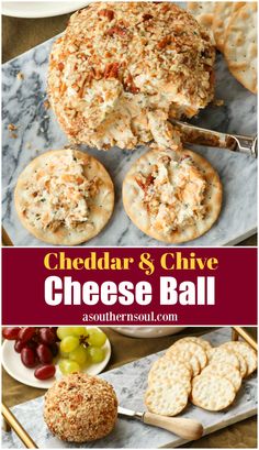 cheddar and chive cheese ball with crackers on the side, next to grapes