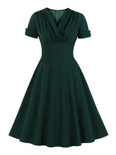 [Plus Size] Dark Green 1950s V-Neck Solid Swing Dress – Retro Stage - Chic Vintage Dresses and Accessories 60s Prom, Vestidos Pin Up, Housewife Dress, Cocktail Vintage, Midi Skater Dress, Vintage Dresses 50s, Swing Dance, 60s Vintage, Cocktail Event