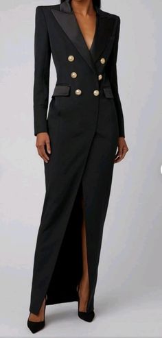 Black tuxedo jacket maxi dress, lined dress. Please give me your measurements when ordering: bust, waist, hips and your heigt. Long Black Trench Coat, Maxi Blazer, Office Dresses For Women, Tailored Coat, Long Bodycon Dress, Tuxedo Dress, Office Dress, Trench Coat Black, Maxi Dress Formal