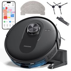 an image of a robotic vacuum cleaner with accessories around it and the appliance