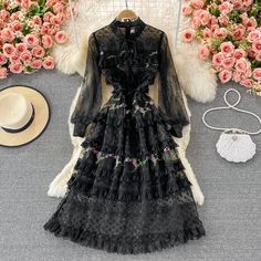 Materials: other Size: s, m, l Color: pink, black Party Midi Dress, Bow Party, Stitching Dresses, Embroidery Stitching, Embroidered Lace Dress, Cascading Ruffles, Lace Trims, Midi Dress Party, Round Neck Dresses