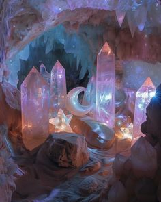 the inside of a cave with crystal rocks and lights