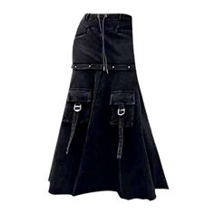 Make a statement this summer with our detachable cargo long denim skirt from the 2023 Spring-Summer Collection! This unique skirt is crafted with retro-inspired details. such as a tall-waistline silhouette with drawstrings closure. It also features a distressed pattern that is sure to bring out your inner fashionista!Key Highlights: Vintage-Inspired Design: With its elevated-rise silhouette and drawstrings closure. this full-length denim skirt is the ultimate expression of retro-inspired chic. D Gothic Fashion Casual, Long Cargo Skirt, Y2k 2023, Denim Skirts Online, Vintage Kawaii, Unique Skirt, Unique Skirts, Fashion Silhouette, Long Denim Skirt