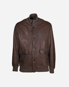 Stewart, New Orleans jacket. Bomber model, made of 100% brown leather. Lining in 100% cotton, inside sleeve in 100% viscose and padding in 100% polyester. Two patch pockets with flap and button, knitted collar, hem and cuffs. Front button closure. Size XL. SHOULDER: 19,11 NCH BUST: 23,01 INCH SLEEVE: 24,96 INCH LENGTH: 29,25 INCH NOTE: Our company has a specialization in selling vintage and second-hand clothing and accessories. All the garments are carefully selected and offered for sale in exce Brown Leather Jacket With Patch Pockets, Classic Winter Leather Jacket With Pockets, Brown Leather Jacket With Pockets For Winter, Winter Brown Leather Jacket With Pockets, Leather Business Outerwear With Patch Pockets, Classic Leather Outerwear With Pockets, Fall Business Leather Jacket With Patch Pockets, Leather Outerwear With Welt Pockets And Long Sleeves, Brown Leather Jacket With Lapel Collar And Welt Pockets