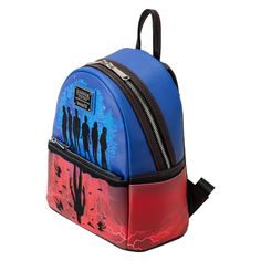 a blue and red backpack with the silhouettes of people on it