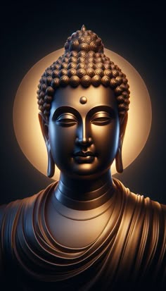 the buddha statue is lit up with light from behind it's head and eyes