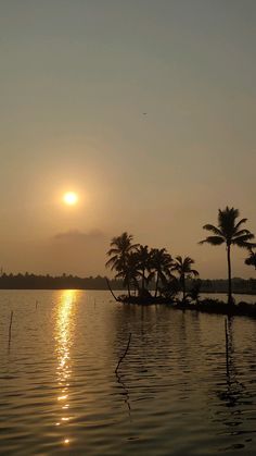 the sun is setting over a body of water with palm trees in the foreground