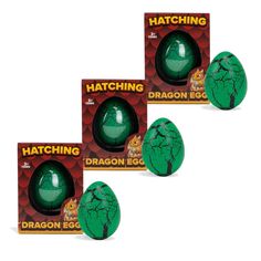 three green hatch eggs are shown in front of each other, with the packaging behind them