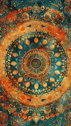 an artistic painting with circles and flowers on the bottom, in blue and orange colors