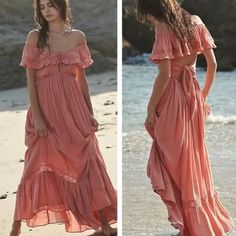 Gorgeous Bohemian Piece For Season, Coral Drippy With Bells, Flutter Sleeves Flowy Peach Maxi Dress With Ruffles, Pink Off-shoulder Maxi Dress For Summer, Pink Off-shoulder Maxi Dress With Ruffles, Pink Off-shoulder Ruffled Maxi Dress, Pink Off-shoulder Beach Dress, Pink Off-shoulder Sundress Maxi Dress, Peach Maxi Dress With Ruffles For Brunch, Pink Ruffled Dress For Festival, Peach Ruffled Maxi Dress For Brunch