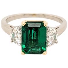 1stdibs Emerald 18K Gold 2.05 Zambian 3-Stone Ring Emerald Three Stone Ring, Heart Shaped Diamond Ring, Natural Ruby Ring, Green Emerald Ring, Contemporary Engagement Rings, 3 Stone Engagement Rings, Emerald Diamond Ring, 3 Stone Rings, Zambian Emerald