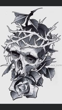 a drawing of a skull with leaves on it's head and an arrow in its mouth