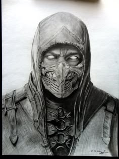 a pencil drawing of a person wearing a hood and holding a knife in his hand