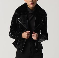 [Sympli] - Shopboutiquekarma Moto Jacket Style, Leather Detailing, Faux Leather Moto Jacket, Moto Style, Joseph Ribkoff, Black Faux Fur, Leather Moto, Leather Moto Jacket, Faux Fur Collar