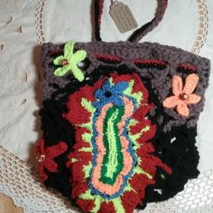 This Beautiful Shoulder Mesh Bag Sack Is One Of A Kind, All Handmade. Hand Crochet Primitive Art Titled "Floral Fantasy". Signed By Artist On Attached Tag. The Bag Is Unlined And Measures 12" Tall And 11" Wide Approx, Lying Flat. The Bag Stretches. Strap Drop Measures Approx 17" When The Top Is Pulled Together In Closed Position. Will Ship Within 1 Business Day. Sack Bag, Floral Color, Mesh Bag, Boho Floral, Crochet Art, Handmade Bags, Hand Crochet, Mesh, Black And Brown