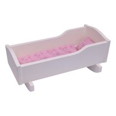 a white wooden toy bed with pink sheets