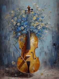 a painting of a violin with flowers in it