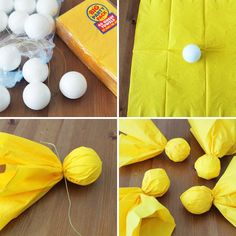 four pictures show how to make tissue paper flowers and eggs for an easter egg hunt