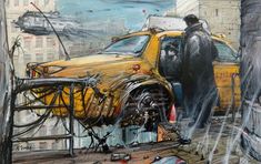 a painting of a man standing next to a yellow car in the city with other people nearby