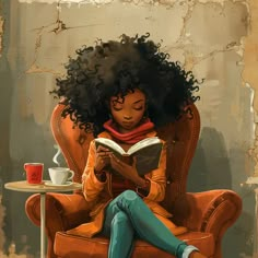 a painting of a woman sitting in a chair reading a book and holding a cup