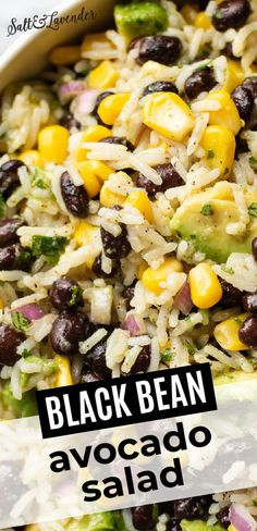 black bean and avocado salad in a white bowl with the title above it