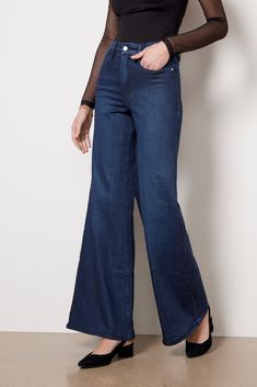 A voluminous wide leg defines these fun and flattering jeans by Good American. The Good Waist Palazzo is crafted in soft, structured denim and features a high-rise fit, elongating full-length inseam, and dark blue wash that's perfect for dressing up or down. Autumn Fashion Work, Palazzo Jeans, Flattering Jeans, Clothing Shops, Trends 2025, Denim Outfits, Fashion 101, Best Jeans, Shoes With Jeans