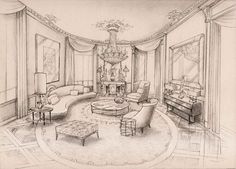 a drawing of a living room with couches, chairs and a chandelier