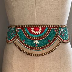 This Beaded Waist Belt Is Brand New With Tags And Never Worn! The Belt Features Impeccable Beating That Is Blue And Red In Color With Gold Accents. The Way You Spell Itself Has Two Adjustable Options. My Waist Fluctuates Between 26 And 28 Inches And This Belt It’s Fine On The Tightest Option. Beaded Leather Belts Native American, Native Bead Necklace, Beaded Waist Belt, Beaded Belts Patterns, Aesthetic Crafts, Textiles Ideas, Beaded Belts, Belt Collection, Cowgirl Vibes