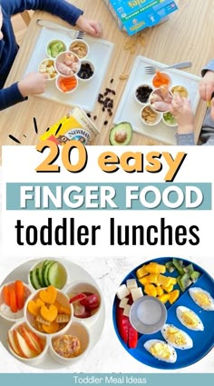 two kids eating finger food at a table with the title overlay reads 20 easy finger food toddler lunches