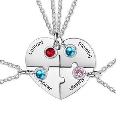 Features of BFF Heart Shape Friendship Necklace for 4: Handmade with the best quality stainless steel, the necklace is quite durable and promises to last long Comes with 4 different chains and pendants so that you can give the rest 3  chains to your friends for wearing It has a customization option where you can include four of your friends' names along with birthstones The stunning link chain design makes the necklace a perfect accessory option that goes perfectly with every occasion The crafts Puzzle Necklace, Family Puzzle, Bff Necklace, Bff Jewelry, Friendship Day Gifts, Friendship Necklace, Bungou Stray Dogs Characters, Bff Necklaces, Best Friend Necklaces