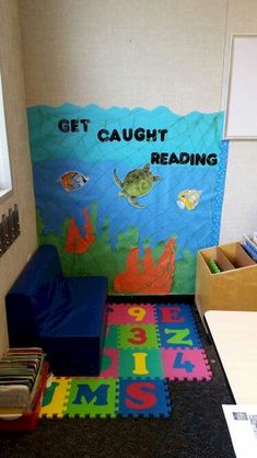 a child's reading area with books and toys