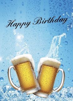 two mugs of beer are in the water with bubbles on it, happy birthday