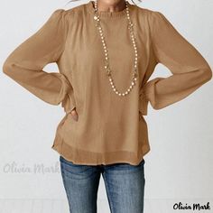 Olivia Mark - Double-Layered, Long-Sleeved Chiffon Top in a Solid Color with a Sweet and Romantic Design Loose Dress Pattern, Women Chiffon Blouse, My Style Outfits, Layered Long Sleeve, Traje Casual, Chiffon Long Sleeve, Plus Size Top, Collar Designs, Chiffon Blouse