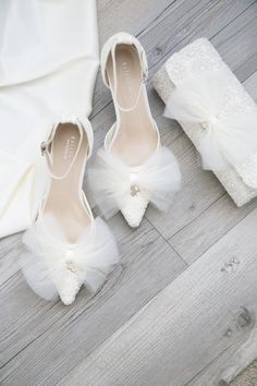 Matching Crochet Heels and Clutch with Tulle Bow Wedding Shoes Tulle Bow, Wedding Shoes Bride Kailee P., Wedding Shoes With Bow, Lace Wedding Heels, June Weddings, Lace Wedding Shoes, Shoes For Brides, Tulle Bow, Wedding Shoes Lace