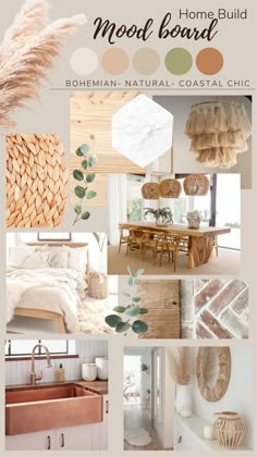 a collage of photos with the words mood board bohemian natural coastal chic