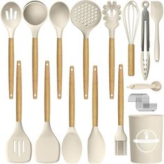 an assortment of kitchen utensils including spatulas, measuring spoons and cups