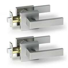 two stainless steel door handles are shown side by side with one open and the other closed