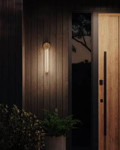 a light that is on the side of a building next to a potted plant