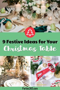 christmas table decorations with candles, plates and napkins on the table text reads 9 festive ideas for your christmas table