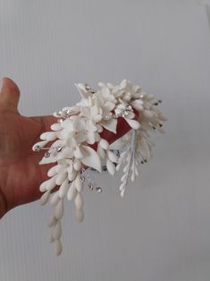 a hand holding a bunch of white flowers