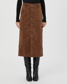 This high-waisted midi skirt is the perfect transitional piece that can be worn all season long. Crafted from our luxuriously soft corduroy fabric in a maple brown shade, the Meadow Midi Skirt is designed with an exposed button front and utility patch pockets. Our elevated micro-corduroy is made with the perfect amount of stretch for the most comfortable fit from morning to moonlight. | PAIGE Women's Meadow Midi Skirt - Maple Brown | Size 2 Maple Brown, Brown Shade, Skirts Midi High Waisted, Book Clothes, Brown Shades, Brown Corduroy, Corduroy Fabric, Corduroy Skirt, Long Skirt