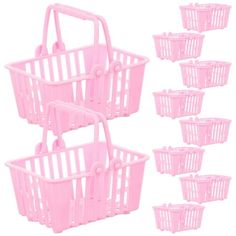 six pink plastic baskets with handles on each side and five smaller ones in the middle