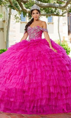 Quinceanera Collection 26081 - Embellished Off-Shoulder Ballgown Orange Quinceanera Dress, Orange Quinceanera Dresses, Orange Quinceanera, Ruffle Ball Gown, Long Off The Shoulder Dress, Quince Dresses Charro, Quinceanera Collection, Debutante Ball, Gown Skirt