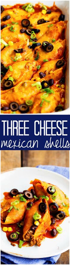 three cheese mexican shells with black olives on top and in the background, there is a white plate topped with an enchiladable casserole