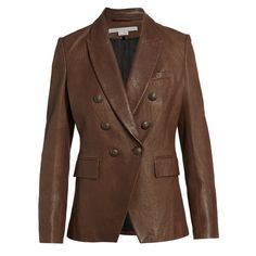 Textured Leather Jacket With Sharp Peaked Lapels Framing Goldtone Double-Breasted Button Closure For An Opulent Look. Peak Lapels Long Sleeves Double-Breasted Button Closure Chest Welt Pocket Flap Pockets At Hips 100% Lamb Leather Professional Leather Clean Imported New With Tags. Size 6. Luxury Brown Double-breasted Blazer, Brown Double-breasted Blazer With Buttons, Designer Leather Jacket For Work With Double Button Closure, Chic Brown Blazer With Double Button Closure, Brown Double-breasted Blazer For Fall, Brown Leather Jacket With Double Button For Work, Luxury Brown Leather Jacket For Work, Brown Leather Jacket For Work, Tailored Leather Jacket With Button Closure For Fall