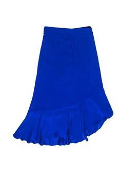 Be bold in cobalt blue with this wrap skirt by Rodebjer! A fun and flirty bright blue with a ruffle design on the hem of a traditional wrap. She is made of high quality crepe material which makes for a beautiful flowing silhouette. Pair this beauty with your go-to neutral sweater and on-trend tall boots for a bright yet festive fall outfit! Size S 100% Viscose Wrap close with buttons Unlined Ruffle hem Waist 31" Total length 36" Elegant Blue Asymmetrical Skirt, Fitted Blue Asymmetrical Wrap Skirt, Chic Fitted Blue Wrap Skirt, Fitted Asymmetrical Blue Bottoms, Blue Flowy Flared Wrap Skirt, Fitted Blue Elegant Wrap Skirt, Blue Flared Flowy Wrap Skirt, Asymmetrical Blue Skirt For Summer, Blue Fitted Asymmetrical Skirt