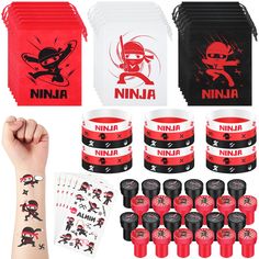 ninja party supplies including napkins, cups and napkins with stickers on them