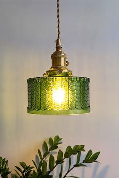 a green lamp hanging from a ceiling next to a potted plant