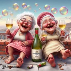 two older women sitting next to each other holding wine glasses and bubbles in front of them