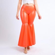 Flare Leg Pants Orange Spring Full-length Leather Pants, Trendy High Waist Leather Pants For Spring, Trendy Stretch Leather Pants For Spring, Non-stretch High-waisted Leather Pants For Spring, High Waist Leather Pants For Summer Night Out, Trendy High-waisted Leather Pants For Spring, Spring Flare Leather Pants, Fitted Flare Leather Pants For Party, Non-stretch Wide Leg Leather Pants For Spring